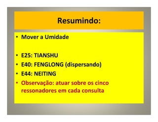 Resumindo:
• Mover a Umidade
• E25: TIANSHU
• E40: FENGLONG (dispersando)
• E44: NEITING
• Observação: atuar sobre os cinco
ressonadores em cada consulta
 