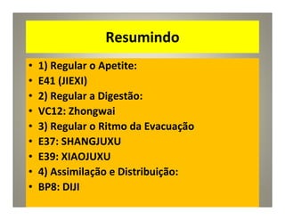 Resumindo
• 1) Regular o Apetite:
• E41 (JIEXI)
• 2) Regular a Digestão:
• VC12: Zhongwai
• 3) Regular o Ritmo da Evacuação
• E37: SHANGJUXU
• E39: XIAOJUXU
• 4) Assimilação e Distribuição:
• BP8: DIJI
 