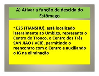 A) Ativar a função de descida do
Estômago
* E25 (TIANSHU), está localizado
lateralmente ao Umbigo, representa o
Centro do Tronco, o Centro dos Três
SAN JIAO ( VC8), permitindo o
reencontro com o Centro e auxiliando
o IG na eliminação
 