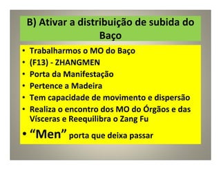B) Ativar a distribuição de subida do
Baço
• Trabalharmos o MO do Baço
• (F13) - ZHANGMEN
• Porta da Manifestação
• Pertence a Madeira
• Tem capacidade de movimento e dispersão
• Realiza o encontro dos MO do Órgãos e das
Vísceras e Reequilibra o Zang Fu
• “Men” porta que deixa passar
 