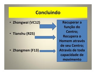 Concluindo
• Zhongwai (VC12)
• Tianshu (R25)
• Zhangmen (F13)
Recuperar a
função do
Centro;
Recupera o
Homem através
de seu Centro;
Através de toda
capacidade de
movimento
 