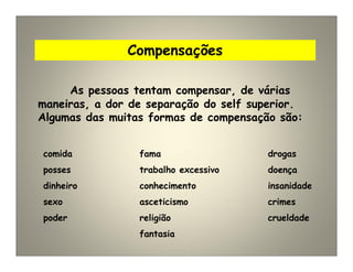 Compensações
As pessoas tentam compensar, de várias
maneiras, a dor de separação do self superior.
Algumas das muitas formas de compensação são:
comida fama drogas
posses trabalho excessivo doença
dinheiro conhecimento insanidade
sexo asceticismo crimes
poder religião crueldade
fantasia
 