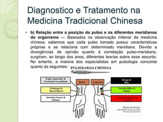 Diagnostico e Tratamento na
Medicina Tradicional Chinesa
• b) Relação entre a posição do pulso e os diferentes meridianos
...