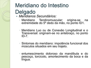 Meridiano do Intestino
Delgado
   Meridianos Secundários:
    ◦ Meridiano Tendinomuscular: origina-se na
      extremidad...
