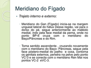 Meridiano do Fígado
 Trajeto interno e externo:
◦ Meridiano do Gan (Fígado) inicia-se na margem
ungueal lateral do hálux Dessa região, vai para o
dorso do pé, segue anteriormente ao maléolo
medial, indo pela face medial da perna, onde no
ponto BP-6 cruza com o meridiano do
Baço/Pâncreas e do Rim.
◦ Toma sentido ascendente , cruzando novamente
com o meridiano do Baço- Pâncreas, segue pela
face póstero-medial do joelho e coxa, contorna
os genitais externos, penetra na pelve pelo ponto
VC-3 e se conecta com o meridiano Ren Mai nos
pontos VC-2 eVC-3.
 