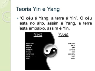 Teoria Yin e Yang
 “O céu é Yang, a terra é Yin”. O céu
esta no alto, assim é Yang, a terra
esta embaixo, assim é Yin.
 