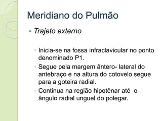 Meridiano do Pulmão
 Trajeto externo
◦ Inicia-se na fossa infraclavicular no ponto
denominado P1.
◦ Segue pela margem ântero- lateral do
antebraço e na altura do cotovelo segue
para a goteira radial.
◦ Continua na região hipotênar até o
ângulo radial unguel do polegar.
 
