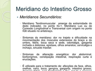 Meridiano do Intestino Grosso
 Meridianos Secundários:
◦ Meridiano Tendinomuscular emerge da extremidade do
dedo indicador, no ponto IG-1. Meridiano Luo ou de
Conexão Longitudinal e Transversal com origem no ponto
IG6 situado no antebraço.
◦ Sintomas do meridiano: dor no trajeto e dificuldade na
movimentação dos músculos extensores do braço e do
ombro, febre, boca seca e sede, odontalgia, garganta
inchada e dolorosa, epistaxe, olhos amarelos, cervicalgia e
inchaço, sinusite maxilar.
◦ Sintomas de alteração energética: dor abdominal,
borborigmos, constipação intestinal, respiração curta e
eructações.
◦ É utilizado para o tratamento de: afecções da face, olhos,
orelhas, nariz, boca, gengiva, garganta, intestino grosso,
 