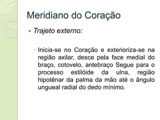 Meridiano do Coração
 Trajeto externo:
◦ Inicia-se no Coração e exterioriza-se na
região axilar, desce pela face medial do
braço, cotovelo, antebraço Segue para o
processo estilóide da ulna, região
hipotênar da palma da mão até o ângulo
ungueal radial do dedo mínimo.
 