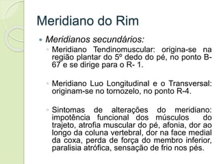 Meridiano do Rim
 Meridianos secundários:
◦ Meridiano Tendinomuscular: origina-se na
região plantar do 5º dedo do pé, no ponto B-
67 e se dirige para o R- 1.
◦ Meridiano Luo Longitudinal e o Transversal:
originam-se no tornozelo, no ponto R-4.
◦ Sintomas de alterações do meridiano:
impotência funcional dos músculos do
trajeto, atrofia muscular do pé, afonia, dor ao
longo da coluna vertebral, dor na face medial
da coxa, perda de força do membro inferior,
paralisia atrófica, sensação de frio nos pés.
 
