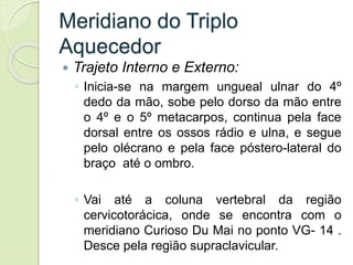 Meridiano do Triplo
Aquecedor
 Trajeto Interno e Externo:
◦ Inicia-se na margem ungueal ulnar do 4º
dedo da mão, sobe pelo dorso da mão entre
o 4º e o 5º metacarpos, continua pela face
dorsal entre os ossos rádio e ulna, e segue
pelo olécrano e pela face póstero-lateral do
braço até o ombro.
◦ Vai até a coluna vertebral da região
cervicotorácica, onde se encontra com o
meridiano Curioso Du Mai no ponto VG- 14 .
Desce pela região supraclavicular.
 