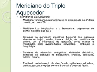 Meridiano do Triplo
Aquecedor
 Meridianos Secundários:
◦ Meridiano Tendinomuscular origina-se na extremidade do 4º dedo
da mão, no ponto TA-1 .
◦ Meridiano Luo Longitudinal e o Transversal: originam-se no
punho, no ponto Luo TA-5 .
◦ Sintomas do meridiano: impotência funcional dos músculos
situados no trajeto, surdez, tontura, otalgia, dor constritiva do
ombro, dor e inflamação da garganta, dores maxilar e
mandibular, olhos avermelhados, cervicalgia, ombralgia e
braquialgia.
◦ Sintomas de alterações energéticas: distensão abdominal,
sensação de plenitude no baixoventre, enurese, polaciúria,
edema, poliúria.
◦ É utilizado no tratamento: de afecções da região temporal, olhos,
orelhas, garganta regiões cervical e dorsal, e doenças febris.
 