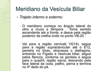 Meridiano da Vesícula Biliar
 Trajeto interno e externo:
◦ O meridiano começa no ângulo lateral do
olho e cruza a têmpora . Toma sentido
ascendente até a fronte, e desce pela região
posterior da orelha onde no ponto VB-20 .
◦ Vai para a região cervical( VG14), segue
para a região supraclavicular até o E12,
penetra no tórax, atravessa o diafragma,
entrando no Fígado e Vesícula biliar, segue
pelos flancos, contorna os genitais e segue
para o quadril, região sacra, descendo pela
face lateral da coxa, joelho, perna e termina
no 4º dedo do pé.
 
