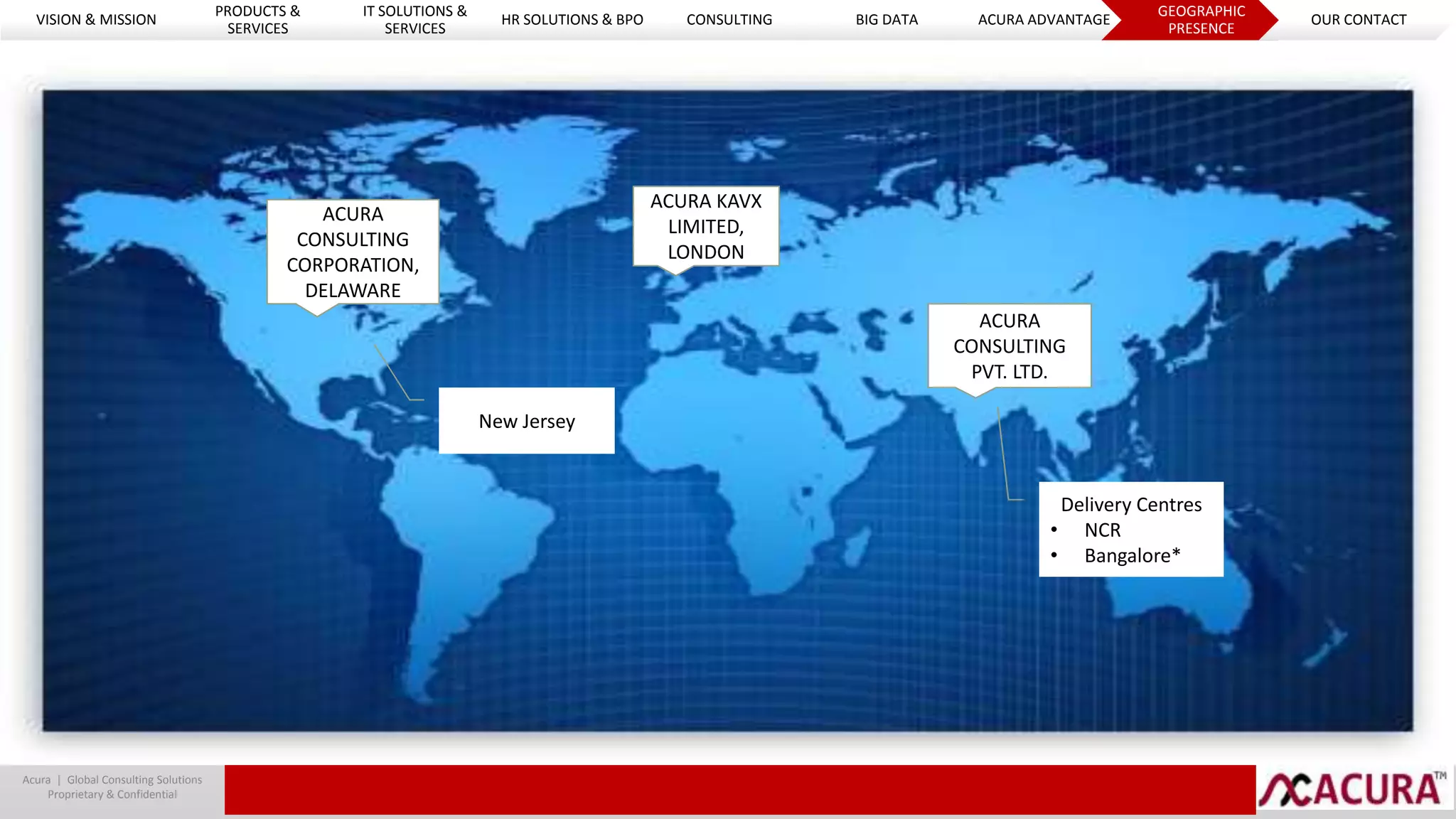 Acura | Global Consulting Solutions
Proprietary & Confidential
ACURA
CONSULTING
CORPORATION,
DELAWARE
New Jersey
ACURA KAVX
LIMITED,
LONDON
ACURA
CONSULTING
PVT. LTD.
Delivery Centres
• NCR
• Bangalore*
VISION & MISSION
PRODUCTS &
SERVICES
IT SOLUTIONS &
SERVICES
HR SOLUTIONS & BPO CONSULTING BIG DATA ACURA ADVANTAGE
GEOGRAPHIC
PRESENCE
OUR CONTACT
 