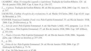 1.KARDEC. Allan. O evangelho segundo o espiritismo. Tradução de Guillon Ribeiro. 124. ed.
Rio de janeiro: FEB, 2005. Cap. 8, item 19, p. 156-157.
2. . A gênese. Tradução de Guillon Ribeiro. 48. ed. Rio de janeiro: FEB, 2005. Cap. 15, item 13,
p. 317.
3.SCHUTEL, Cairbar. O espírito do cristianismo. 8. ed. Matão: O Clarim, 2001. Cap. 62 (O cego
de Betsaida), p. 319.
4.XAVIER. Francisco Cândido. Fonte viva. Pelo Espírito Emmanuel. 33. ed. Rio de Janeiro: FEB,
2006. Cap. 29 (Sirvamos), p. 76.
5. . Leis de amor. Pelo Espírito Emmanuel. 4. ed. São Paulo: LAKE, 1972, pergunta 2, p. 13-14.
6. . Pão nosso. Pelo Espírito Emmanuel. 27. ed. Rio de Janeiro: FEB, 2006. Cap. 169 (Olhos),
p. 353-354.
7. . Paulo e Estevão. Pelo Espírito Emmanuel. 42. ed. Rio de Janeiro: FEB, 2006. Segunda
parte, cap. 1 (Rumo ao deserto), p. 257-258.
8. . p. 261.
9. .Vinha de luz. Pelo Espírito Emmanuel. 24. ed. Rio de Janeiro: FEB, 2006. Cap. 27
(Indicação de Pedro), p. 73-74.
 