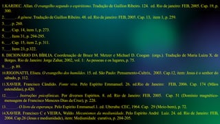 1.KARDEC. Allan. O evangelho segundo o espiritismo. Tradução de Guillon Ribeiro. 124. ed. Rio de janeiro: FEB, 2005. Cap. 19, p.
300.
2. . A gênese. Tradução de Guillon Ribeiro. 48. ed. Rio de janeiro: FEB, 2005. Cap. 13, item 1, p. 259.
3. . p. 260.
4. . Cap. 14, item 1, p. 273.
5. . Item 31, p. 294-295.
6. . Cap. 15, item 2, p. 311.
7. . Item 23, p.322.
8. DICIONÁRIO DA BÍBLIA. Coordenação de Bruce M. Metzer e Michael D. Coogan (orgs.). Tradução de Maria Luiza X. de
Borges. Rio de Janeiro: Jorge Zahar, 2002, vol. 1: As pessoas e os lugares, p. 75.
9. . p. 89.
10.RIGONATTI, Eliseu. O evangelho dos humildes. 15. ed. São Paulo: Pensamento-Cultrix, 2003. Cap.12, item: Jesus é o senhor do
sábado, p. 112.
11.XAVIER. Francisco Cândido. Fonte viva. Pelo Espírito Emmanuel. 26. ed.Rio de Janeiro: FEB, 2006. Cap. 174 (Mãos
estendidas), p.420.
12. . Instruções psicofônicas. Por diversos Espíritos. 8. ed. Rio de Janeiro: FEB, 2005. Cap. 51 (Domínio magnético-
mensagem de Francisco Menezes Dias da Cruz), p. 228.
13. . O livro da esperança. Pelo Espírito Emmanuel.1. ed. Uberaba: CEC, 1964. Cap. 29 (Meio-bem), p. 72.
14.XAVIER. Francisco C e VIEIRA, Waldo. Mecanismos da mediunidade. Pelo Espírito André Luiz. 24. ed. Rio de Janeiro: FEB,
2004. Cap.26 (Jesus e mediunidade), item: Mediunidade curativa, p. 204-205.
 