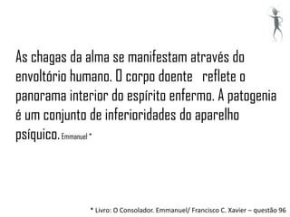 As chagas da alma se manifestam através do
envoltório humano. O corpo doente reflete o
panorama interior do espírito enfermo. A patogenia
é um conjunto de inferioridades do aparelho
psíquico. Emmanuel *



              * Livro: O Consolador. Emmanuel/ Francisco C. Xavier – questão 96
 