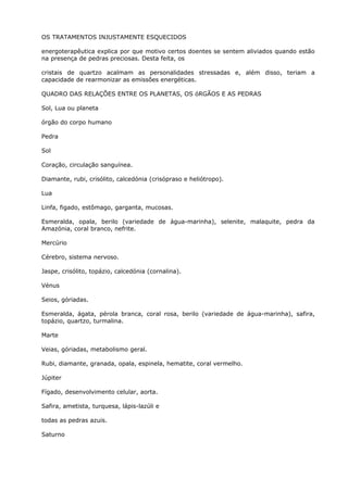 OS TRATAMENTOS INJUSTAMENTE ESQUECIDOS
energoterapêutica explica por que motivo certos doentes se sentem aliviados quando estão
na presença de pedras preciosas. Desta feita, os
cristais de quartzo acalmam as personalidades stressadas e, além disso, teriam a
capacidade de rearmonizar as emissões energéticas.
QUADRO DAS RELAÇÕES ENTRE OS PLANETAS, OS óRGÃOS E AS PEDRAS
Sol, Lua ou planeta
órgão do corpo humano
Pedra
Sol
Coração, circulação sanguínea.
Diamante, rubi, crisólito, calcedónia (crisópraso e heliótropo).
Lua
Linfa, figado, estômago, garganta, mucosas.
Esmeralda, opala, berilo (variedade de água-marinha), selenite, malaquite, pedra da
Amazónia, coral branco, nefrite.
Mercúrio
Cérebro, sistema nervoso.
Jaspe, crisólito, topázio, calcedónia (cornalina).
Vénus
Seios, góriadas.
Esmeralda, ágata, pérola branca, coral rosa, berilo (variedade de água-marinha), safira,
topázio, quartzo, turmalina.
Marte
Veias, góriadas, metabolismo geral.
Rubi, diamante, granada, opala, espinela, hematite, coral vermelho.
Júpiter
Fígado, desenvolvimento celular, aorta.
Safira, ametista, turquesa, lápis-lazúli e
todas as pedras azuis.
Saturno
 
