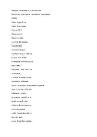 Alergias e doenças ditas ambientais
Os metais: doenças de carência ou de excesso
METAL
Efeito de carência
Efeito de excesso
Crómio (Ci-)
Metabolismo
Desconhecido.
anormal da glicose.
Cobalto (Co)
Anemia maligna,
Insuficiência das artérias
porque este metal
coronárias e hipergIobulia.
faz parte da
Nos anos 1965-1966, no
vitamina B,,,
Canadá, acrescentou-se
necessária à síntese
sulfato de cobalto à cerda hemoglobina.
veja (I mg para 750 ml)
A falta de cobalto
de modo a estabilizar a
na alimentação dos
espuma. Detectaram-se
animais provoca
então nos consumidores
doenças que,
casos de cardiomiopatia,
 