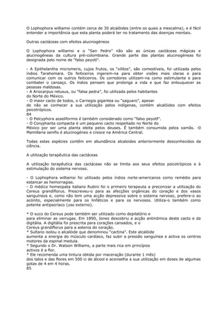 O Lophophora williamsi contém cerca de 30 alcalóides (entre os quais a mescalina), e é fácil
entender a importância que esta planta poderá ter no tratamento das doenças mentais.
Outras cactáceas com efeitos alucinogéneos
O Lophophora williamsi e o “San Pedro” não são as únicas cactáceas mágicas e
alucinogéneas da cultura pré-colombiana. Grande parte das plantas alucinogéneas foi
designada pelo nome de “falso peyotl”.
- A Epithelantha micromeris, cujos frutos, os “xilitos”, são comestíveis, foi utilizada pelos
índios Tarahomara. Os feiticeiros ingerem-na para obter visões mais claras e para
comunicar com os outros feiticeiros. Os corredores utilizam-na como estimulante e para
combater o cansaço. Os índios pensam que prolonga a vida e que faz enlouquecer as
pessoas maldosas.
- A Ariocarpus retusus, ou “falsa pedra”, foi utilizada pelos habitantes
do Norte do México.
- O maior cacto de todos, o Carnegia gigantea ou “saguaro”, apesar
de não se conhecer a sua utilização pelos indígenas, contém alcalóides com efeitos
psicotrópicos.
84
- O Pelcyphora asseliformis é também considerado como “falso peyotF’.
- O Coryphanta compacta é um pequeno cacto respeitado no Norte do
México por ser uma planta eleita pelos deuses. É também consumida pelos xamãs. -0
Mamillaria senifis é alucinogéneo e cresce na América Central.
Todas estas espécies contêm em abundância alcaloides anteriormente desconhecidos da
ciência.
A utilização terapêutica das cactáceas
A utilização terapêutica das cactáceas não se limita aos seus efeitos psicotrópicos e à
estimulação do sistema nervoso.
- O Lophophora williamsi foi utilizado pelos índios norte-americanos como remédio para
estancar as hemorragias.
- O médico homeopata italiano Rubini foi o primeiro terapeuta a preconizar a utilização do
Cereus grandiflorus. Prescreveu-o para as afecções orgânicas do coração e dos vasos
sanguíneos e, como não tem uma acção depressiva sobre o sistema nervoso, prefere-o ao
acónito, especialmente para os linfáticos e para os nervosos. Utiliza-o também como
potente antipsoríaco (uso externo).
* O suco do Cereus pode também ser utilizado como depilatório e
para eliminar as verrugas. Em 1890, Jones descobriu a acção antinómica deste cacto e da
digitália. A digitália foi prescrita para corações cansados, e o
Cereus grandiflorus para a astenia do coração.
* Sultano isolou o alcalóide que denominou “cactina”. Este alcalóide
aumenta a energia do músculo cardíaco, faz subir a pressão sanguínea e activa os centros
motores da espinal medula.
* Segundo o Dr. Watson Williams, a parte mais rica em princípios
activos é a flor.
* Ele recomenda uma tintura obtida por maceração (durante 1 mês)
dos talos e das flores em 500 ci de álcool e aconselha a sua utilização em doses de algumas
gotas de 4 em 4 horas.
85
 