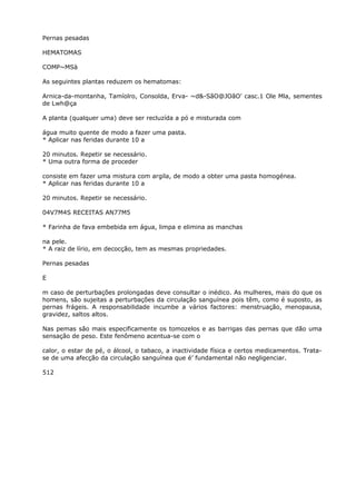 Pernas pesadas
HEMATOMAS
COMP~MSà
As seguintes plantas reduzem os hematomas:
Arnica-da-montanha, Tamíolro, Consolda, Erva- ~d&-SãO@JOãO’ casc.1 Ole Mla, sementes
de Lwh@ça
A planta (qualquer uma) deve ser recluzída a pó e misturada com
água muito quente de modo a fazer uma pasta.
* Aplicar nas feridas durante 10 a
20 minutos. Repetir se necessário.
* Uma outra forma de proceder
consiste em fazer uma mistura com argila, de modo a obter uma pasta homogénea.
* Aplicar nas feridas durante 10 a
20 minutos. Repetir se necessário.
04V7M4S RECEITAS AN77M5
* Farinha de fava embebida em água, limpa e elimina as manchas
na pele.
* A raiz de lírio, em decocção, tem as mesmas propriedades.
Pernas pesadas
E
m caso de perturbações prolongadas deve consultar o inédico. As mulheres, mais do que os
homens, são sujeitas a perturbações da circulação sanguínea pois têm, como é suposto, as
pernas frágeis. A responsabilidade incumbe a vários factores: menstruação, menopausa,
gravidez, saltos altos.
Nas pemas são mais especificamente os tomozelos e as barrigas das pernas que dão uma
sensação de peso. Este fenômeno acentua-se com o
calor, o estar de pé, o álcool, o tabaco, a inactividade física e certos medicamentos. Trata-
se de uma afecção da circulação sanguínea que é’ fundamental não negligenciar.
512
 