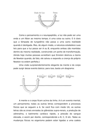 Como o pensamento e o neuropeptídio, a luz não pode ser uma
onda e um fóton ao mesmo tempo; é uma coisa ou outra. E é claro
que a lâmpada de tungstênio não passa a uma outra realidade
quando é desligada. Mas, de algum modo, a natureza estabelece suas
leis para que a luz possa ser A ou B, enquanto ambas são mantidas
dentro da mesma realidade, construindo um ponto de transformação.
(Ainda hoje muitas pessoas acreditam que Einstein destruiu a teoria
de Newton quando, de fato, ele salvou e expandiu a crença do próprio
Newton na ordem perfeita.)
Uma visão surpreendentemente elegante da mente e do corpo
pode surgir desse evento básico; para isso, basta um diagrama:
A mente e o corpo ficam acima da linha. A é um evento mental,
um pensamento; todas as outras letras correspondem a processos
físicos que se seguem a A. Se você fica com medo (A), as outras
letras são os sinais enviados às glândulas supra-renais, a produção de
adrenalina, o batimento cardíaco rápido, a pressão do sangue
elevada, e assim por diante, correspondendo a B, C, D etc. Todas as
mudanças físicas no organismo podem estar ligadas a uma cadeia
 