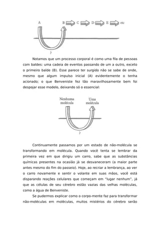 Notamos que um processo corporal é como uma fila de pessoas
com baldes: uma cadeia de eventos passando de um a outro, exceto
o primeiro balde (B). Esse parece ter surgido não se sabe de onde,
mesmo que algum impulso inicial (A) evidentemente o tenha
acionado; o que Benveniste fez tão maravilhosamente bem foi
despojar esse modelo, deixando só o essencial:
Continuamente passamos por um estado de não-molécula se
transformando em molécula. Quando você tenta se lembrar da
primeira vez em que dirigiu um carro, sabe que as substâncias
químicas presentes na ocasião já se desvaneceram (a maior parte
antes mesmo do fim do passeio). Hoje, ao recriar a lembrança, ao ver
o carro novamente e sentir o volante em suas mãos, você está
disparando reações celulares que começam em “lugar nenhum”, já
que as células de seu cérebro estão vazias das velhas moléculas,
como a água de Benveniste.
Se pudermos explicar como o corpo-mente faz para transformar
não-moléculas em moléculas, muitos mistérios do cérebro serão
 