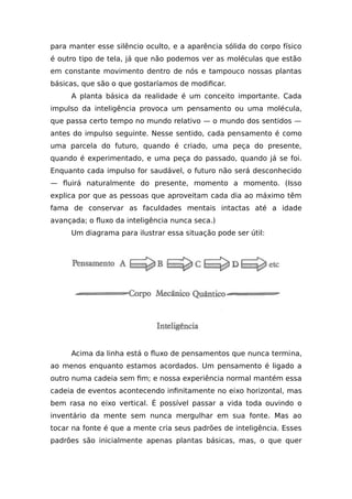 para manter esse silêncio oculto, e a aparência sólida do corpo físico
é outro tipo de tela, já que não podemos ver as moléculas que estão
em constante movimento dentro de nós e tampouco nossas plantas
básicas, que são o que gostaríamos de modificar.
A planta básica da realidade é um conceito importante. Cada
impulso da inteligência provoca um pensamento ou uma molécula,
que passa certo tempo no mundo relativo — o mundo dos sentidos —
antes do impulso seguinte. Nesse sentido, cada pensamento é como
uma parcela do futuro, quando é criado, uma peça do presente,
quando é experimentado, e uma peça do passado, quando já se foi.
Enquanto cada impulso for saudável, o futuro não será desconhecido
— fluirá naturalmente do presente, momento a momento. (Isso
explica por que as pessoas que aproveitam cada dia ao máximo têm
fama de conservar as faculdades mentais intactas até a idade
avançada; o fluxo da inteligência nunca seca.)
Um diagrama para ilustrar essa situação pode ser útil:
Acima da linha está o fluxo de pensamentos que nunca termina,
ao menos enquanto estamos acordados. Um pensamento é ligado a
outro numa cadeia sem fim; e nossa experiência normal mantém essa
cadeia de eventos acontecendo infinitamente no eixo horizontal, mas
bem rasa no eixo vertical. É possível passar a vida toda ouvindo o
inventário da mente sem nunca mergulhar em sua fonte. Mas ao
tocar na fonte é que a mente cria seus padrões de inteligência. Esses
padrões são inicialmente apenas plantas básicas, mas, o que quer
 