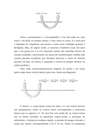Como o pensamento e o neuropeptídio, a luz não pode ser uma
onda e um fóton ao mesmo tempo; é uma coisa ou outra. E é claro que
a lâmpada de tungstênio não passa a uma outra realidade quando é
desligada. Mas, de algum modo, a natureza estabelece suas leis para
que a luz possa ser A ou B, enquanto ambas são mantidas dentro da
mesma realidade, construindo um ponto de transformação. (Ainda hoje
muitas pessoas acreditam que Einstein destruiu a teoria de Newton
quando, de fato, ele salvou e expandiu a crença do próprio Newton na
ordem perfeita.)
Uma visão surpreendentemente elegante da mente e do corpo
pode surgir desse evento básico; para isso, basta um diagrama:
A mente e o corpo ficam acima da linha. A é um evento mental,
um pensamento; todas as outras letras correspondem a processos
físicos que se seguem a A. Se você fica com medo (A), as outras letras
são os sinais enviados às glândulas supra-renais, a produção de
adrenalina, o batimento cardíaco rápido, a pressão do sangue elevada, e
assim por diante, correspondendo a B, C, D etc. Todas as mudanças
 