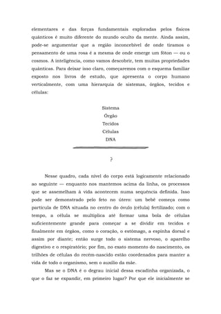 elementares e das forças fundamentais exploradas pelos físicos
quânticos é muito diferente do mundo oculto da mente. Ainda assim,
pode-se argumentar que a região inconcebível de onde tiramos o
pensamento de uma rosa é a mesma de onde emerge um fóton — ou o
cosmos. A inteligência, como vamos descobrir, tem muitas propriedades
quânticas. Para deixar isso claro, começaremos com o esquema familiar
exposto nos livros de estudo, que apresenta o corpo humano
verticalmente, com uma hierarquia de sistemas, órgãos, tecidos e
células:
Sistema
Órgão
Tecidos
Células
DNA
Nesse quadro, cada nível do corpo está logicamente relacionado
ao seguinte — enquanto nos mantemos acima da linha, os processos
que se assemelham à vida acontecem numa sequência definida. Isso
pode ser demonstrado pelo feto no útero: um bebê começa como
partícula de DNA situada no centro do óvulo (célula) fertilizado; com o
tempo, a célula se multiplica até formar uma bola de células
suficientemente grande para começar a se dividir em tecidos e
finalmente em órgãos, como o coração, o estômago, a espinha dorsal e
assim por diante; então surge todo o sistema nervoso, o aparelho
digestivo e o respiratório; por fim, no exato momento do nascimento, os
trilhões de células do recém-nascido estão coordenados para manter a
vida de todo o organismo, sem o auxílio da mãe.
Mas se o DNA é o degrau inicial dessa escadinha organizada, o
que o faz se expandir, em primeiro lugar? Por que ele inicialmente se
 