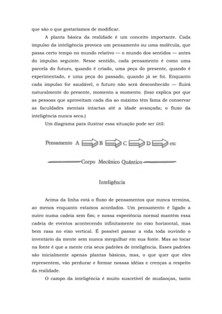 que são o que gostaríamos de modificar.
A planta básica da realidade é um conceito importante. Cada
impulso da inteligência provoca um pensamento ou uma molécula, que
passa certo tempo no mundo relativo — o mundo dos sentidos — antes
do impulso seguinte. Nesse sentido, cada pensamento é como uma
parcela do futuro, quando é criado, uma peça do presente, quando é
experimentado, e uma peça do passado, quando já se foi. Enquanto
cada impulso for saudável, o futuro não será desconhecido — fluirá
naturalmente do presente, momento a momento. (Isso explica por que
as pessoas que aproveitam cada dia ao máximo têm fama de conservar
as faculdades mentais intactas até a idade avançada; o fluxo da
inteligência nunca seca.)
Um diagrama para ilustrar essa situação pode ser útil:
Acima da linha está o fluxo de pensamentos que nunca termina,
ao menos enquanto estamos acordados. Um pensamento é ligado a
outro numa cadeia sem fim; e nossa experiência normal mantém essa
cadeia de eventos acontecendo infinitamente no eixo horizontal, mas
bem rasa no eixo vertical. É possível passar a vida toda ouvindo o
inventário da mente sem nunca mergulhar em sua fonte. Mas ao tocar
na fonte é que a mente cria seus padrões de inteligência. Esses padrões
são inicialmente apenas plantas básicas, mas, o que quer que eles
representem, vão perdurar e formar nossas idéias e crenças a respeito
da realidade.
O campo da inteligência é muito suscetível de mudanças, tanto
 