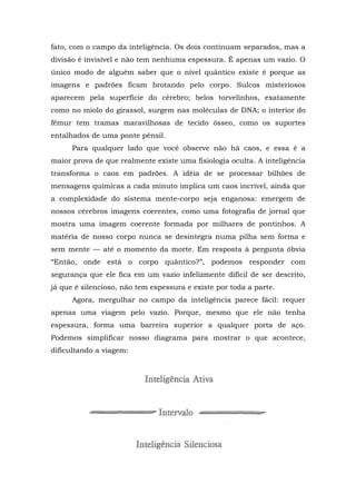 fato, com o campo da inteligência. Os dois continuam separados, mas a
divisão é invisível e não tem nenhuma espessura. É apenas um vazio. O
único modo de alguém saber que o nível quântico existe é porque as
imagens e padrões ficam brotando pelo corpo. Sulcos misteriosos
aparecem pela superfície do cérebro; belos torvelinhos, exatamente
como no miolo do girassol, surgem nas moléculas de DNA; o interior do
fêmur tem tramas maravilhosas de tecido ósseo, como os suportes
entalhados de uma ponte pênsil.
Para qualquer lado que você observe não há caos, e essa é a
maior prova de que realmente existe uma fisiologia oculta. A inteligência
transforma o caos em padrões. A idéia de se processar bilhões de
mensagens químicas a cada minuto implica um caos incrível, ainda que
a complexidade do sistema mente-corpo seja enganosa: emergem de
nossos cérebros imagens coerentes, como uma fotografia de jornal que
mostra uma imagem coerente formada por milhares de pontinhos. A
matéria de nosso corpo nunca se desintegra numa pilha sem forma e
sem mente — até o momento da morte. Em resposta à pergunta óbvia
“Então, onde está o corpo quântico?”, podemos responder com
segurança que ele fica em um vazio infelizmente difícil de ser descrito,
já que é silencioso, não tem espessura e existe por toda a parte.
Agora, mergulhar no campo da inteligência parece fácil: requer
apenas uma viagem pelo vazio. Porque, mesmo que ele não tenha
espessura, forma uma barreira superior a qualquer porta de aço.
Podemos simplificar nosso diagrama para mostrar o que acontece,
dificultando a viagem:
 