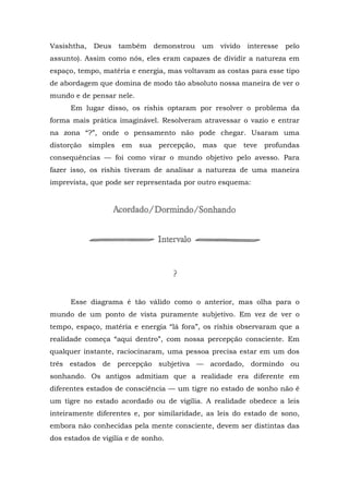 Vasishtha, Deus também demonstrou um vívido interesse pelo
assunto). Assim como nós, eles eram capazes de dividir a natureza em
espaço, tempo, matéria e energia, mas voltavam as costas para esse tipo
de abordagem que domina de modo tão absoluto nossa maneira de ver o
mundo e de pensar nele.
Em lugar disso, os rishis optaram por resolver o problema da
forma mais prática imaginável. Resolveram atravessar o vazio e entrar
na zona “?”, onde o pensamento não pode chegar. Usaram uma
distorção simples em sua percepção, mas que teve profundas
consequências — foi como virar o mundo objetivo pelo avesso. Para
fazer isso, os rishis tiveram de analisar a natureza de uma maneira
imprevista, que pode ser representada por outro esquema:
Esse diagrama é tão válido como o anterior, mas olha para o
mundo de um ponto de vista puramente subjetivo. Em vez de ver o
tempo, espaço, matéria e energia “lá fora”, os rishis observaram que a
realidade começa “aqui dentro”, com nossa percepção consciente. Em
qualquer instante, raciocinaram, uma pessoa precisa estar em um dos
três estados de percepção subjetiva — acordado, dormindo ou
sonhando. Os antigos admitiam que a realidade era diferente em
diferentes estados de consciência — um tigre no estado de sonho não é
um tigre no estado acordado ou de vigília. A realidade obedece a leis
inteiramente diferentes e, por similaridade, as leis do estado de sono,
embora não conhecidas pela mente consciente, devem ser distintas das
dos estados de vigília e de sonho.
 