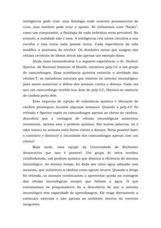 inteligência pode criar uma fisiologia onde ocorrem pensamentos de
cura, mas também pode criar o oposto. Se tivéssemos uma “fiação”,
como um computador, a fisiologia de cada indivíduo seria previsível. No
entanto, a realidade não é essa. A inteligência cria novos circuitos a sua
escolha e isso torna cada pessoa única. Cada experiência da vida
modifica a anatomia do cérebro. Os dendrites novos que surgem nas
células cerebrais de idosos ativos são apenas um exemplo disso.
Ainda mais extraordinária é a seguinte experiência: o dr. Herbert
Spector, do National Institute of Health, ministrou poly-I:C a um grupo
de camundongos. Essa substância química estimula a atividade das
células-T, as matadoras naturais que existem no sistema imunológico,
para assim aumentar a defesa dos animais contra a doença. Cada vez
que um camundongo recebia sua dose de poly-I:C, liberava-se essência
de cânfora perto dele.
Esse esquema de injeção de substância química e liberação de
cânfora prosseguiu durante algumas semanas. Quando o poly-I:C foi
retirado e Spector expôs os camundongos apenas ao cheiro de cânfora,
descobriu que a contagem de células imunológicas aumentou
novamente, mesmo sem o produto químico. Em outras palavras, só o
odor tornou os animais mais fortes contra a doença. Seria possível fazer
o contrário e diminuir a imunidade dos camundongos apenas com um
cheiro?
Mais tarde, uma equipe da Universidade de Rochester
demonstrou que isso é possível. Um grupo de ratos recebeu
ciclofosfamida, um produto químico que diminui a eficiência do sistema
imunológico. Ao mesmo tempo, foi dada aos ratos água adoçada com
sacarina, que substituiu a cânfora como agente neutro. Quando a droga
foi retirada, os animais continuaram a apresentar queda na contagem
das células imunológicas sempre que bebiam a água. O que
entusiasmou os pesquisadores foi a descoberta de que o sistema
imunológico tem capacidade de aprendizagem. Ele reage diretamente a
estímulos externos e não apenas ao ambiente interno da corrente
sanguínea.
 