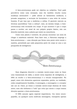 A bem-aventurança pode ser objetiva ou subjetiva. Você pode
percebê-la como uma sensação, mas ela também resulta numa
mudança mensurável — pode alterar os batimentos cardíacos, a
pressão sanguínea, a secreção de hormônios e uma série de outras
funções. É por isso que a medicina a utiliza. O paciente executa as
técnicas ayurvédicas “com a cabeça”, mas, ao mesmo tempo, a bem-
aventurança está recriando seu corpo. O que acontece é que o corpo
passa a receber um sinal de seu próprio projeto básico, não um
desenho material, mas a planta que existe na consciência.
Como essa planta é invisível, ela precisa encontrar um meio de
chegar à existência material. Para fazer isso, a Natureza emprega a
bem-aventurança — uma vibração que forma uma ponte entre mente e
matéria, permitindo que cada pequenina parte do corpo se una a um
pouquinho de inteligência:
Esse diagrama descreve a conexão mente-corpo como se fosse
uma transmissão de rádio; a mente envia impulsos de inteligência, o
DNA os recebe e a bem-aventurança é o veículo transportador. No
papel, esses três elementos aparecem separados, porém, na realidade,
estão completamente fundidos. A mensagem, o mensageiro e o receptor
são um só. Claro, já vimos a conexão mente-corpo dezenas de vezes
antes, mas não tínhamos a “cola” que evita que mente e corpo tomem
direções opostas: a bem-aventurança.
O DNA assume agora especial importância. Um único neuro-
peptídio, ou qualquer outra molécula mensageira, transporta apenas
 