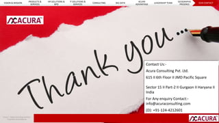 Acura | Global Consulting Solutions 
Proprietary & Confidential 
Contact Us:- 
Acura Consulting Pvt. Ltd. 
615 II 6th Floor II JMD Pacific Square 
Sector 15 II Part-2 II Gurgaon II Haryana II 
India 
For Any enquiry Contact:- 
info@acuraconsulting.com 
(D): +91-124-4212601 
VISION & MISSION 
PRODUCTS & 
SERVICES 
HR SOLUTIONS & 
BPO 
IT SOLUTIONS & 
SERVICES 
CONSULTING BIG DATA 
ACURA 
ADVANTAGE 
LEADERSHIP TEAM 
GEOGRAPHIC 
PRESENCE 
OUR CONTACT 
