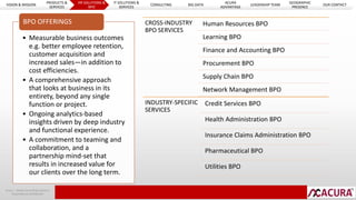 BPO OFFERINGS CROSS-INDUSTRY 
• Measurable business outcomes 
e.g. better employee retention, 
customer acquisition and 
increased sales—in addition to 
cost efficiencies. 
• A comprehensive approach 
that looks at business in its 
entirety, beyond any single 
function or project. 
• Ongoing analytics-based 
insights driven by deep industry 
and functional experience. 
• A commitment to teaming and 
collaboration, and a 
partnership mind-set that 
results in increased value for 
our clients over the long term. 
Acura | Global Consulting Solutions 
Proprietary & Confidential 
BPO SERVICES 
Human Resources BPO 
Learning BPO 
Finance and Accounting BPO 
Procurement BPO 
Supply Chain BPO 
Network Management BPO 
INDUSTRY-SPECIFIC 
SERVICES 
Credit Services BPO 
Health Administration BPO 
Insurance Claims Administration BPO 
Pharmaceutical BPO 
Utilities BPO 
VISION & MISSION 
PRODUCTS & 
SERVICES 
HR SOLUTIONS & 
BPO 
IT SOLUTIONS & 
SERVICES 
CONSULTING BIG DATA 
ACURA 
ADVANTAGE 
LEADERSHIP TEAM 
GEOGRAPHIC 
PRESENCE 
OUR CONTACT 
 