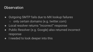 Observation
● Outgoing SMTP fails due to MX lookup failures
○ only certain domains (e.g. twitter.com)
● Local resolver ret...