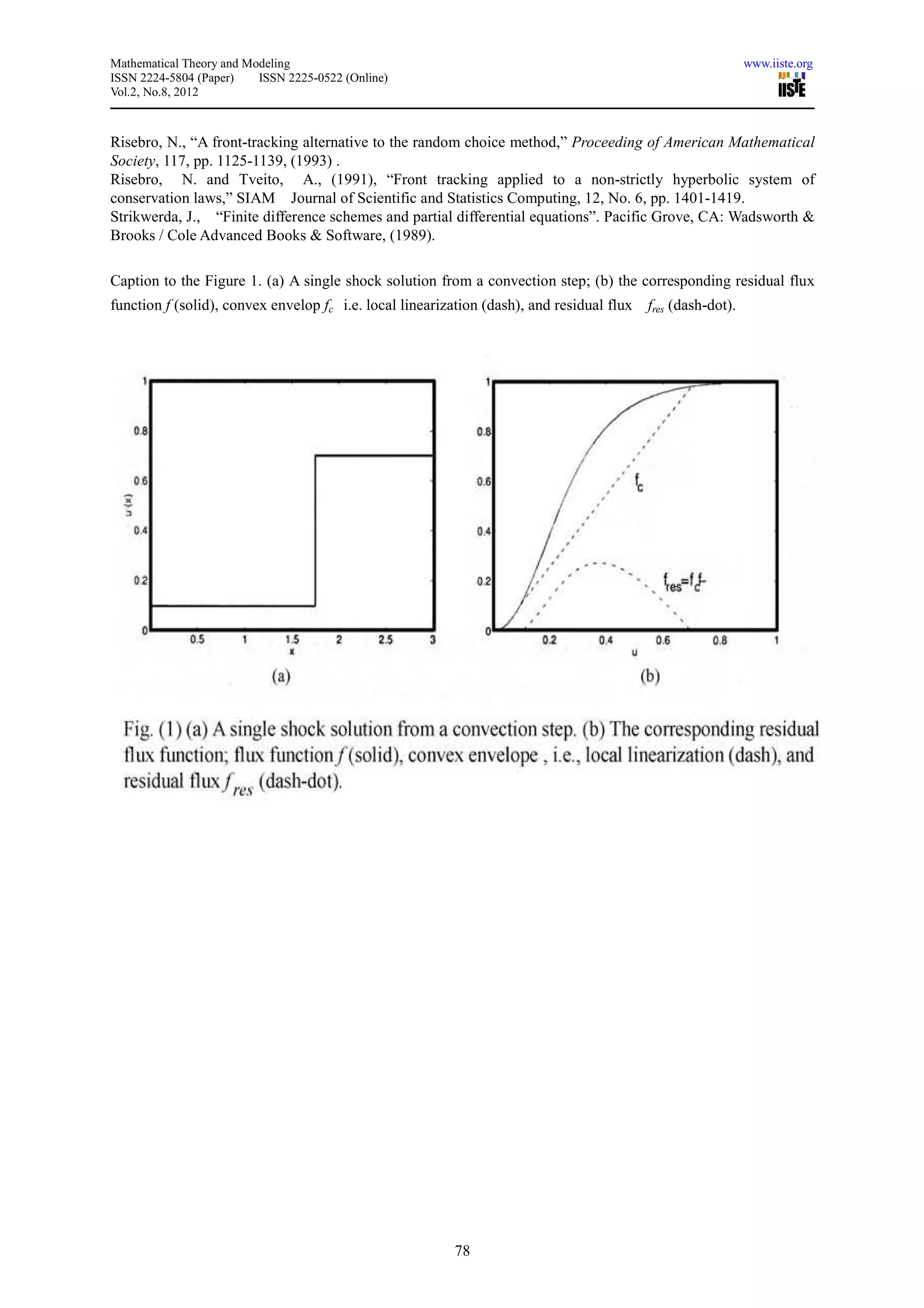 Mathematical Theory and Modeling                                                                              www.iiste.org
ISSN 2224-5804 (Paper)    ISSN 2225-0522 (Online)
Vol.2, No.8, 2012



Risebro, N., “A front-tracking alternative to the random choice method,” Proceeding of American Mathematical
Society, 117, pp. 1125-1139, (1993) .
Risebro, N. and Tveito, A., (1991), “Front tracking applied to a non-strictly hyperbolic system of
conservation laws,” SIAM Journal of Scientific and Statistics Computing, 12, No. 6, pp. 1401-1419.
Strikwerda, J., “Finite difference schemes and partial differential equations”. Pacific Grove, CA: Wadsworth &
Brooks / Cole Advanced Books & Software, (1989).

Caption to the Figure 1. (a) A single shock solution from a convection step; (b) the corresponding residual flux
function f (solid), convex envelop fc i.e. local linearization (dash), and residual flux   fres (dash-dot).




                                                          78
 