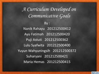A Curriculum Developed on
Communicative Goals
By :
Nanik Rahayu 201212500412
Ayu Fatimah 201212500420
Puji Astuti 201212500362
Lulu Syafwita 201212500400
Yuyun Wahyuningsih 201212500372
Suharyani 201212500421
Maria Hemas 201212500415
English Education Program
Faculty of Language and Art
University of Indraprasta PGRI (UNINDRA)
 