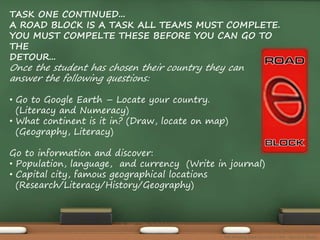 TASK ONE CONTINUED... 
A ROAD BLOCK IS A TASK ALL TEAMS MUST COMPLETE. 
YOU MUST COMPELTE THESE BEFORE YOU CAN GO TO 
THE 
DETOUR... 
Once the student has chosen their country they can 
answer the following questions: 
• Go to Google Earth – Locate your country. 
(Literacy and Numeracy) 
• What continent is it in? (Draw, locate on map) 
(Geography, Literacy) 
Go to information and discover: 
• Population, language, and currency (Write in journal) 
• Capital city, famous geographical locations 
(Research/Literacy/History/Geography) 
The Amazing Race Curriculum Unit - Karina D. Barley 
 