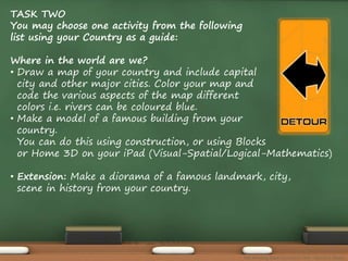 TASK TWO 
You may choose one activity from the following 
list using your Country as a guide: 
Where in the world are we? 
• Draw a map of your country and include capital 
city and other major cities. Color your map and 
code the various aspects of the map different 
colors i.e. rivers can be coloured blue. 
• Make a model of a famous building from your 
country. 
You can do this using construction, or using Blocks 
or Home 3D on your iPad (Visual-Spatial/Logical-Mathematics) 
• Extension: Make a diorama of a famous landmark, city, 
scene in history from your country. 
The Amazing Race Curriculum Unit - Karina D. Barley 
 