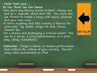 TASK TWO cont... 
So You Think You Can Dance 
•Are there any famous actors/artists? Choose one 
and do a Keynote about their life. You could also 
use Pictello to create a story with sound, pictures 
and your own voice. 
• Is there anything that this country is famous for 
culturally? Eg. Ballet, Cirque De Sole, Circus, 
Theatre etc. 
•Do a drama skit portraying a cultural event? This 
can be a dance, a circus performance, or a mini 
play. (Body-Kinesthetic) 
•Extension: Design a dance, or drama performance 
that reflects the culture of your country. Record 
using video and present on iPad 
The Amazing Race Curriculum Unit - Karina D. Barley 
 