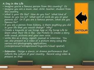 A Day in the Life 
• Imagine you're a famous person from this country? Or 
• Imagine you are a mum, dad, child, teacher, student from 
this country. 
• What is your life like? How do you live? What kind of 
house do you live in? What sort of work do you or your 
parents do? Or if you are a famous person, what are you 
famous for? 
• If you are a person from history, is there anything you did 
in your life that you would change? Why? 
• Create a Keynote or use Scrap App or My Scrap Life to 
share what their life is like. Use Pictello to create a story 
with sound, pictures and your own voice. 
• Write this as a story, report, journal or interview. You 
can also present as a video or a picture story using the 
various art/photography applications. 
(interpersonal/intrapersonal/linguistic/visual-spatial) 
• Extension: Design a dance, or drama performance that 
reflects the culture of your country. Record using video & 
present on iPad 
The Amazing Race Curriculum Unit - Karina D. Barley 
 