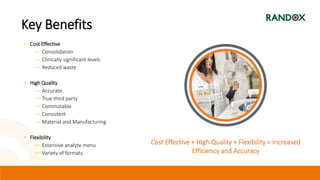 Key Benefits
• Cost Effective
― Consolidation
― Clinically significant levels
― Reduced waste
• High Quality
― Accurate
― True third party
― Commutable
― Consistent
― Material and Manufacturing
• Flexibility
― Extensive analyte menu
― Variety of formats
Cost Effective + High Quality + Flexibility = Increased
Efficiency and Accuracy
 