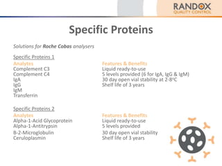 Specific Proteins
Solutions for Roche Cobas analysers
Specific Proteins 1
Analytes Features & Benefits
Complement C3 Liquid ready-to-use
Complement C4 5 levels provided (6 for IgA, IgG & IgM)
IgA 30 day open vial stability at 2-8oC
IgG Shelf life of 3 years
IgM
Transferrin
Specific Proteins 2
Analytes Features & Benefits
Alpha-1-Acid Glycoprotein Liquid ready-to-use
Alpha-1-Antitrypsin 5 levels provided
B-2-Microglobulin 30 day open vial stability
Ceruloplasmin Shelf life of 3 years
 