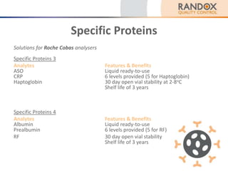 Specific Proteins
Solutions for Roche Cobas analysers
Specific Proteins 3
Analytes Features & Benefits
ASO Liquid ready-to-use
CRP 6 levels provided (5 for Haptoglobin)
Haptoglobin 30 day open vial stability at 2-8oC
Shelf life of 3 years
Specific Proteins 4
Analytes Features & Benefits
Albumin Liquid ready-to-use
Prealbumin 6 levels provided (5 for RF)
RF 30 day open vial stability
Shelf life of 3 years
 