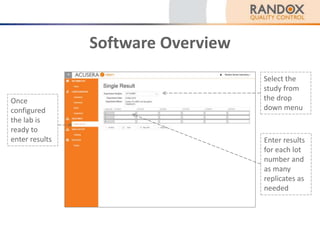 Software Overview
Once
configured
the lab is
ready to
enter results
Select the
study from
the drop
down menu
Enter results
for each lot
number and
as many
replicates as
needed
 