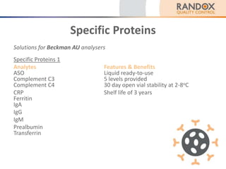 Specific Proteins
Solutions for Beckman AU analysers
Specific Proteins 1
Analytes Features & Benefits
ASO Liquid ready-to-use
Complement C3 5 levels provided
Complement C4 30 day open vial stability at 2-8oC
CRP Shelf life of 3 years
Ferritin
IgA
IgG
IgM
Prealbumin
Transferrin
 