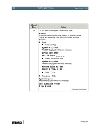50             Modifying Cart Settings                          Programming the Cart




     (Contd)
      Step                                   Action

       15       Do you want to change the cart’s master code?
                Warning
                If you change the master code, be sure to provide the new
                code to any users who need it to perform their required
                activities.
                    If yes:
                        Press 2 (CHG).
                    System Response
                    The LCD displays the following message:
                    ENTER NEW CART
                    MASTER CODE _ _ _ _
                        Enter a new master code.
                    System Response
                    The LCD displays the following message:
                    ACCEPT XXXX AS NEW
                    CODE? 1-YES, 2-NO
                        Press 1 (YES).

                    If no, press 1 (NO).
                System Response
                The LCD displays the following message:
                CHG OVERRIDE CODE?
                1-NO 2-CHG
                                                            (Continued on next page)




                                                                          January 2004
 
